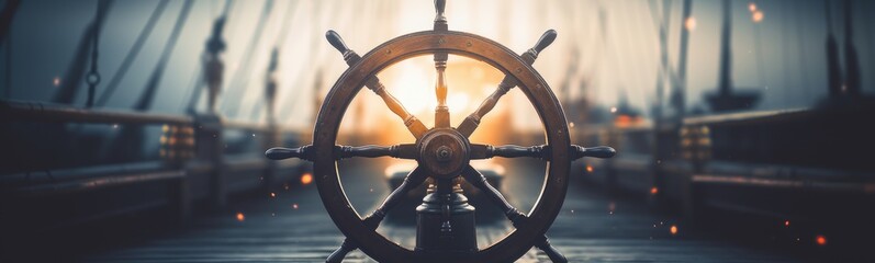 Steering wheel on ship banner - obrazy, fototapety, plakaty