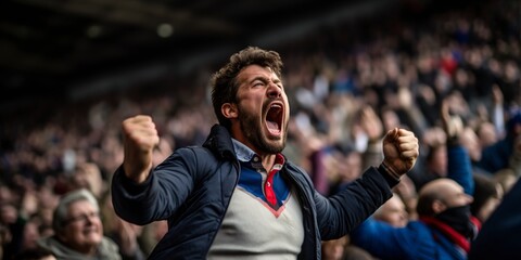 man shouting and enjoying the game in the stadium