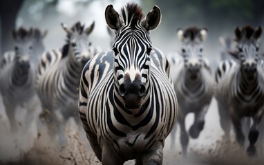 Group of Zebras in a Forest. AI