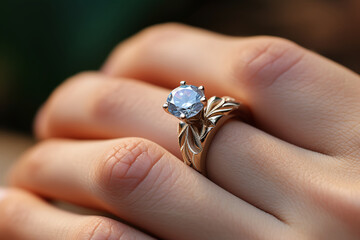 Close up of an elegant engagement diamond ring on woman finger. love and wedding concept. - obrazy, fototapety, plakaty