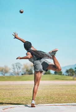 Shot put, woman and athlete throw in competition, challenge or training for field event with metal or steel weight. Throwing, ball or female in athletics sports, games or outdoor olympics tournament