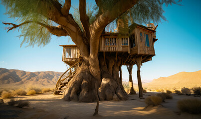 Tree house built into the trunk of a tree in the middle of the desert