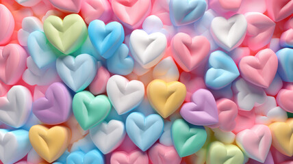 Fototapeta na wymiar Colorful Pastel Heart-Shaped Marshmallows Background