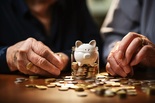 Saving Money Investment For Future. Senior Adult Mature Couple Hands Putting Money Coin In Piggy Bank. 