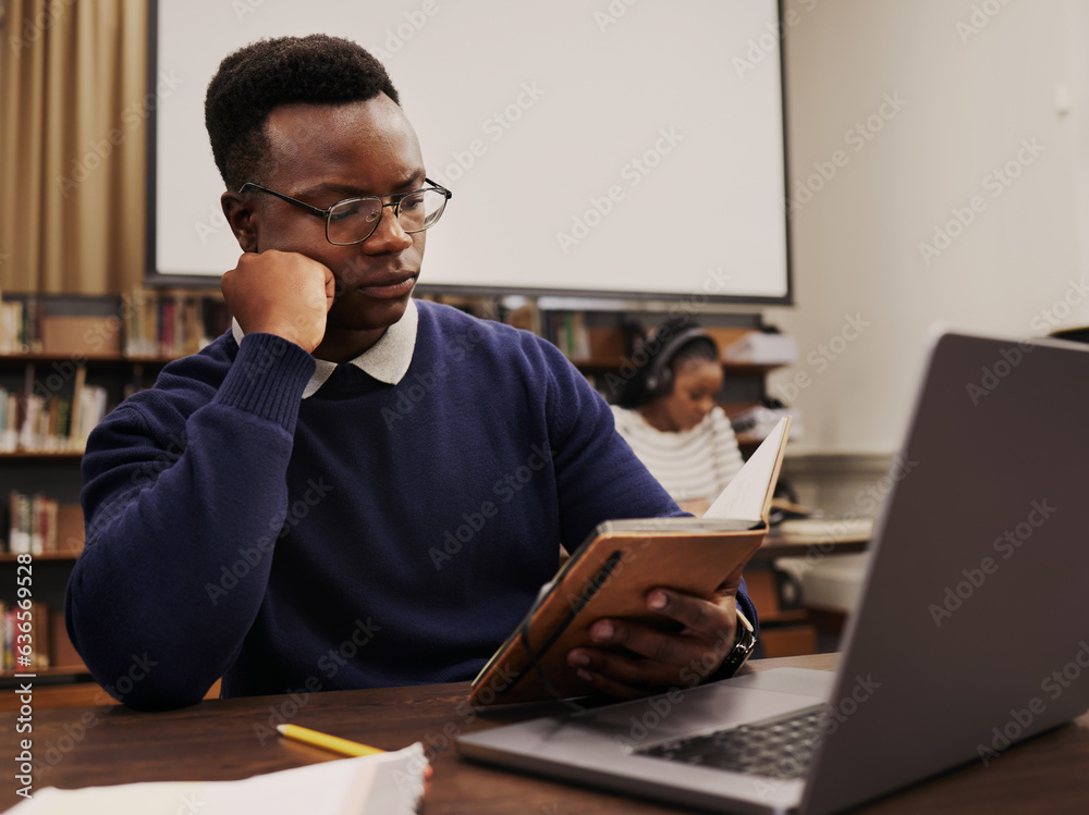 Poster University, education and black man student reading and learning in a college for knowledge development. Serious, books and person studying research to prepare for exam or assignment in a class