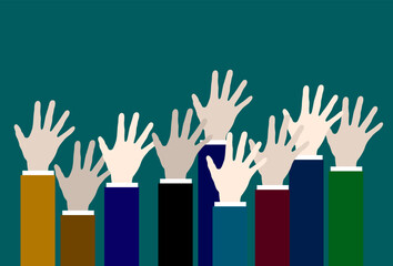 Obraz premium Hands in business suits stretch up. Hands Voting. Hands up. 