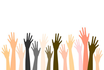 Fototapeta premium Diverse raised hands Illustration. Multiracial group hand raised, hand up, hands voting.