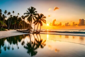 Fototapeta na wymiar Tropical beach, Dominican Republic. Palm trees on sandy island in the ocean at sunset