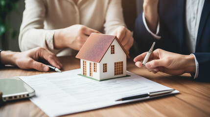 Fototapeta na wymiar A Home Buyer and loan officer going over loan paperwork in a corporate office for home purchase