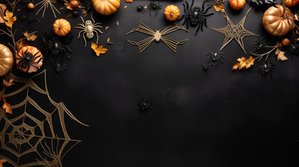 magic of Halloween with a captivating flat lay mockup. Arrange spiders, thematic decorations, and an artistically spun spider web on a striking black background