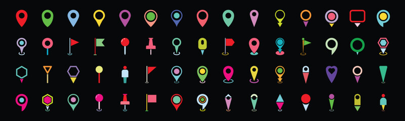 Set of colorful location icons set with dark background EPS10 - Stock Vector