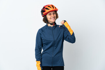 Young English cyclist woman isolated on white background proud and self-satisfied