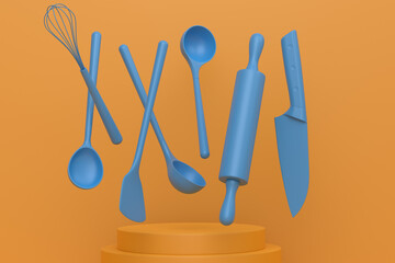 Abstract scene or podium with kitchen utensil on monochrome.