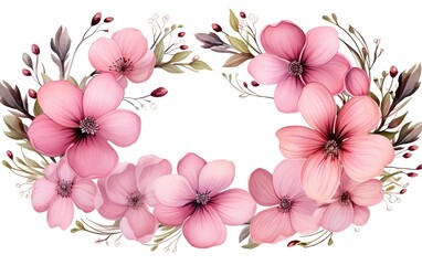 Pink Flower Oval Wreath Watercolor Illustration, Generative Ai