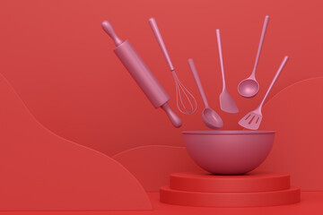 Abstract scene or podium with bowl and kitchen utensil on monochrome.