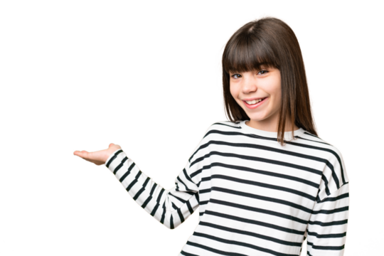 Little caucasian girl over isolated background extending hands to the side for inviting to come