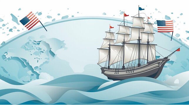 AI generated, happy columbus day Greeting card, caravel on blue waves, and USA flags in the background, world map in gray colors with a compass in the background, Vector image. symbol
