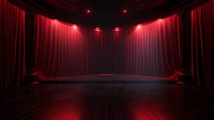 Empty dark stage or podium with red curtains. Theater or burlesque show. Copy space. Generative AI