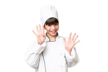 Little caucasian chef girl over isolated background counting nine with fingers