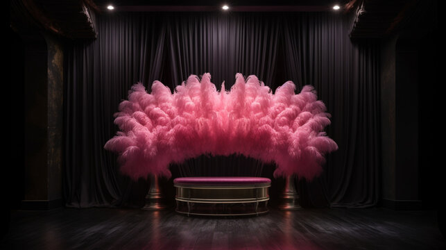 Empty dark vintage stage or podium for burlesque dance performance. Old retro theater or show. Copy space. Generative AI