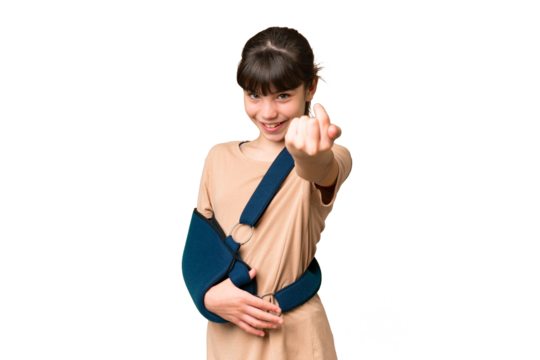 Little caucasian girl with broken arm and wearing a sling over isolated background doing coming gesture
