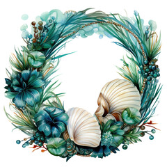 Watercolor Christmas wreaths T-shirt Design, wreaths woven from delicate strands of seashells, Generative Ai