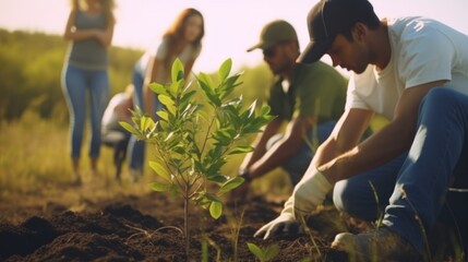 A group of volunteer planting a tree, environment day.