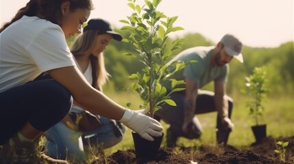 A group of volunteer planting a tree, environment day.