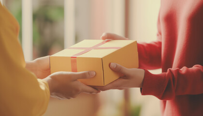 Delivery man and parcel box, parcels or customer goods in transit services, Receive items from the courier, Home delivery, Close-up of delivery man delivering holding parcel box to woman customer.