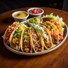 osiem różnych tacos na jednym talerzu z dodatkami, położonych na stole.