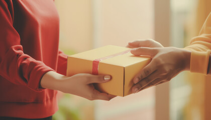 Delivery man and parcel box, parcels or customer goods in transit services, Receive items from the courier, Home delivery, Close-up of delivery man delivering holding parcel box to woman customer.