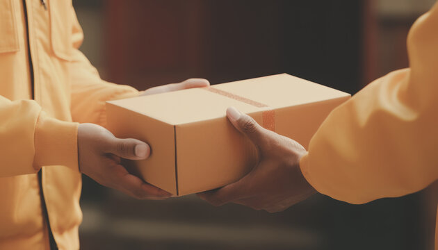 Delivery man and parcel box, parcels or customer goods in transit services, Receive items from the courier, Home delivery, Close-up of delivery man delivering holding parcel box to woman customer.