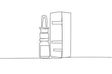 Drops in a bottle with a pipette, nasal spray one line art. Continuous line drawing of treatment, medication, pharmaceutical, infection, therapy, medicament, allergic, rhinitis, spray, allergy, sinus