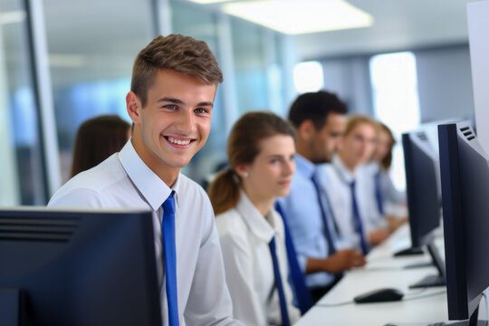 Male and female school students sit in computer class. Boys and girls experience education in science, technology and mathematics in the computer room.