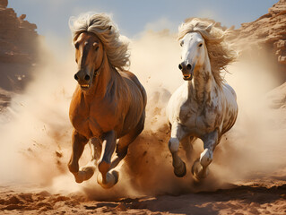 Obraz premium white horse and brown horse racing in the desert