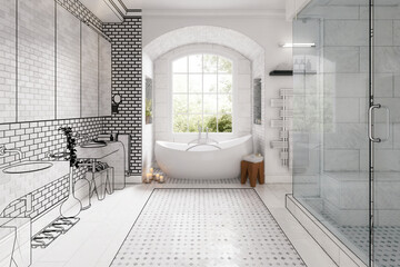 Entwurf eines modernen Badezimmers mit Wanne und Dusche - 3D Visualisierung - 636572372