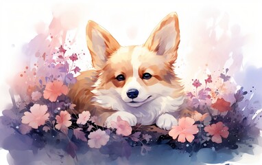 Cute Dog With Flowers Watercolor Art, Generative Ai, Generative Ai