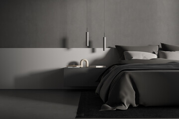 Grey bedroom interior with bed and nightstand with decoration