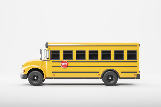 Yellow school bus with stop sign on white background, copy space