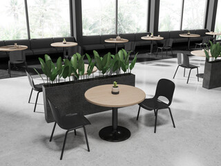 Gray restaurant corner with sofas and windows