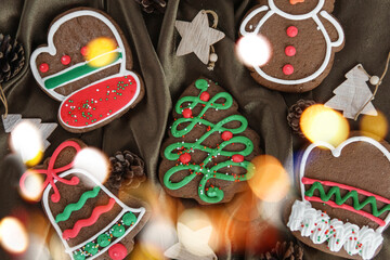 Banner for Christmas and New Year gingerbread. Christmas trees, toys, snowmen, garlands on a...