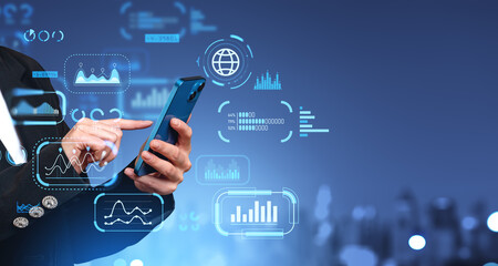 Businesswoman finger touch smartphone, statistics dashboard and graph chart