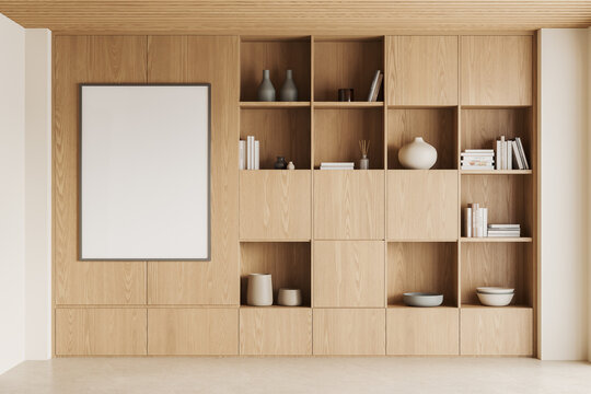 Wooden living room interior wooden shelf with art decoration, mockup frame