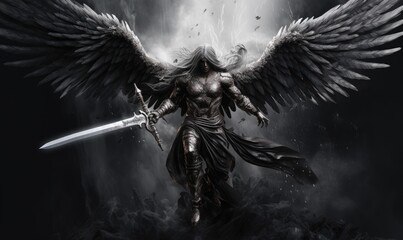 Photo of a majestic dark angel wielding a sword and shield in a dramatic pose - obrazy, fototapety, plakaty