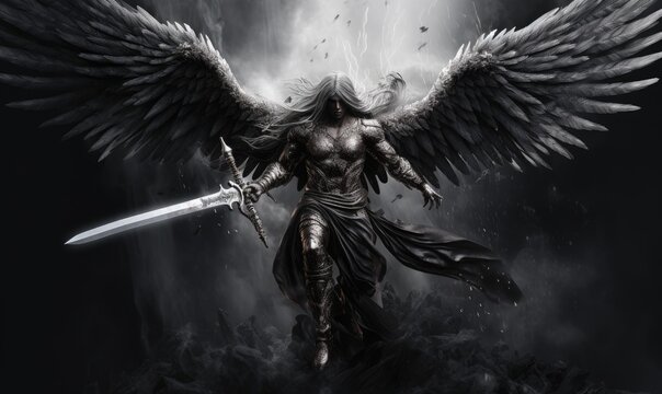 Photo of a majestic dark angel wielding a sword and shield in a dramatic pose