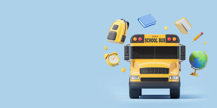 Yellow school bus with diverse education accessories flying on empty background