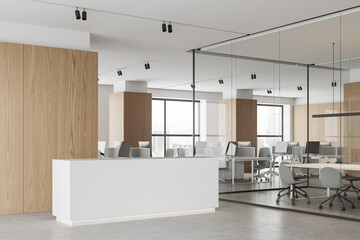 Stylish business interior reception desk and coworking space, window