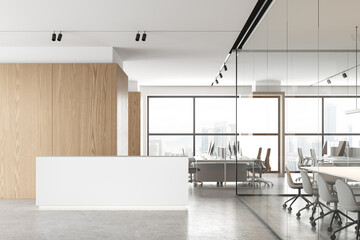 Minimalist office interior reception desk and meeting room, window