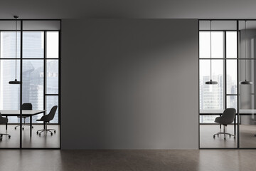 Grey office business interior with coworking space and window, mockup wall