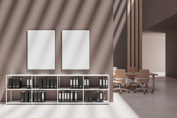 Beige office workspace interior with table and sideboard. Mockup frames